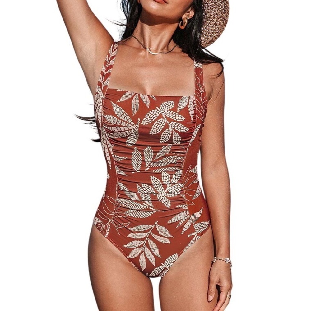 Cupshe Dotted Line Leaf Square Neck‎ Tummy Control One-Piece Medium